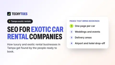 Guide cover: SEO for exotic car rental companies in Tampa, listing the pages that bring bookings: one page per car, weddings and events, delivery areas, and airport and hotel drop-off