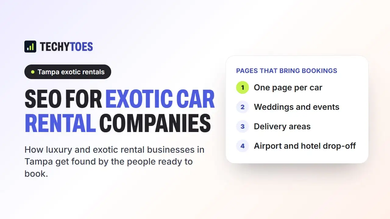 Guide cover: SEO for exotic car rental companies in Tampa, listing the pages that bring bookings: one page per car, weddings and events, delivery areas, and airport and hotel drop-off