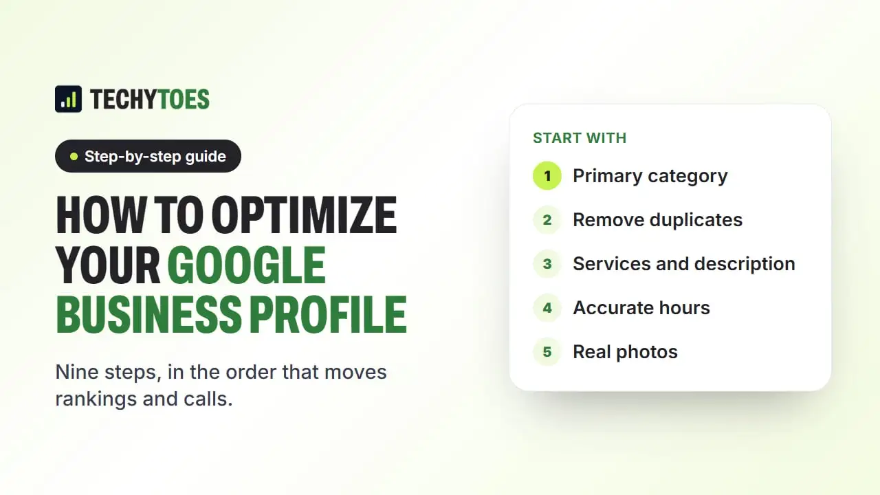 Guide cover: Google Business Profile optimization, nine steps in order of impact, starting with the primary category