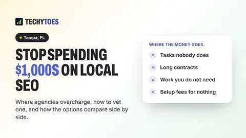 Guide cover: stop spending $1,000s on local SEO in Tampa, listing where the money goes: tasks nobody does, long contracts, work you don't need and setup fees for nothing