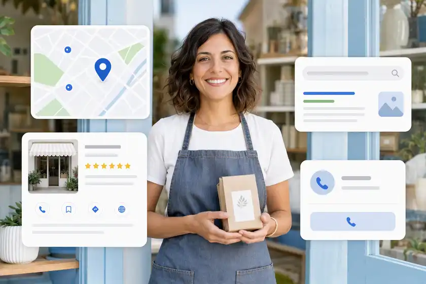 A shop owner beside her Google listing, map and reviews