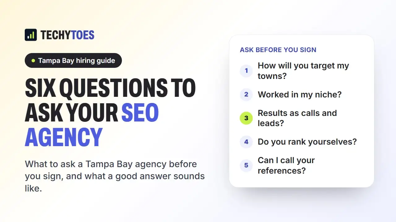 Guide cover: six questions to ask your SEO agency, including how will you target my towns, have you worked in my niche, and can you show results as calls and leads
