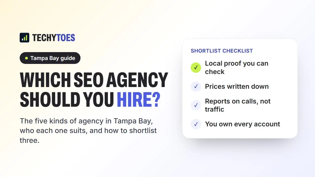Guide cover: which SEO agency should you hire in Tampa Bay, with a shortlist checklist: local proof you can check, prices written down, reports on calls, and you own every account