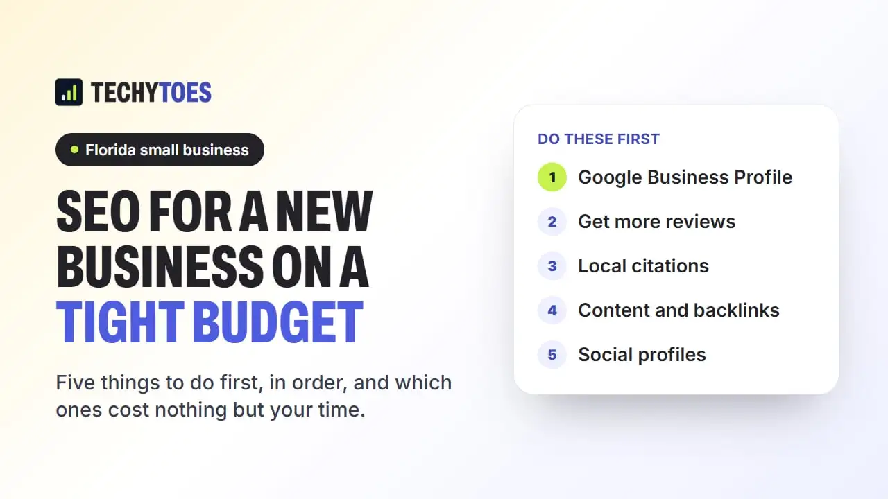 Guide cover: SEO for a new business on a tight budget, with five steps: Google Business Profile, get more reviews, local citations, content and backlinks, social profiles