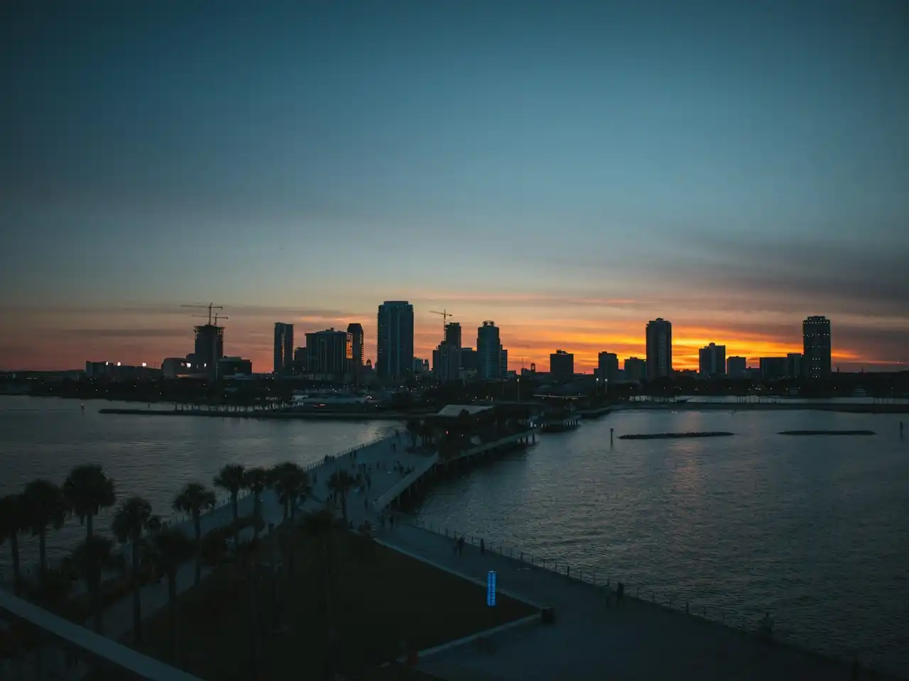 Downtown St. Petersburg seen from the St. Pete Pier at sunset