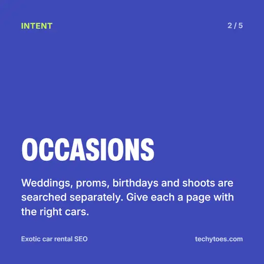 Flashcard 2 of 5, occasions: weddings, proms, birthdays and shoots are searched separately. Give each a page with the right cars.