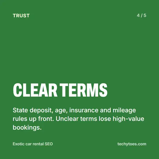 Flashcard 4 of 5, clear terms: state deposit, age, insurance and mileage rules up front. Unclear terms lose high-value bookings.
