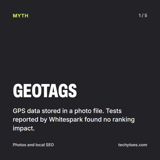 Flashcard 1 of 5, geotags: GPS data stored in a photo file. Tests reported by Whitespark found no ranking impact.