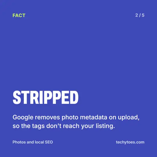Flashcard 2 of 5, stripped: Google removes photo metadata on upload, so the tags don't reach your listing.
