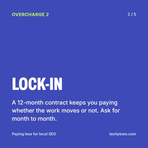 Flashcard 2 of 5, lock-in: a 12-month contract keeps you paying whether the work moves or not. Ask for month to month.