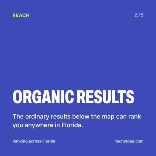 Flashcard 2 of 5, organic results: the ordinary results below the map can rank you anywhere in Florida.