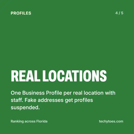 Flashcard 4 of 5, real locations: one Business Profile per real location with staff. Fake addresses get profiles suspended.