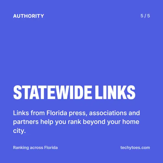 Flashcard 5 of 5, statewide links: links from Florida press, associations and partners help you rank beyond your home city.