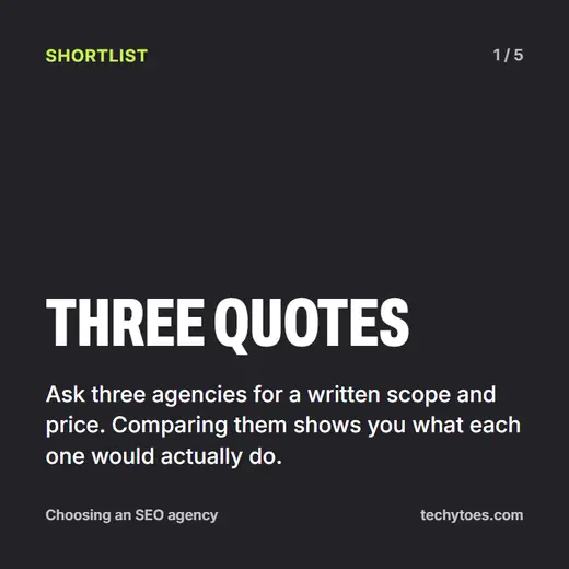 Flashcard 1 of 5, three quotes: ask three agencies for a written scope and price. Comparing them shows you what each one would actually do.