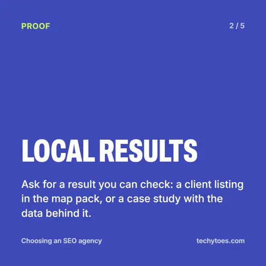 Flashcard 2 of 5, local results: ask for a result you can check, such as a client listing in the map pack or a case study with the data behind it.