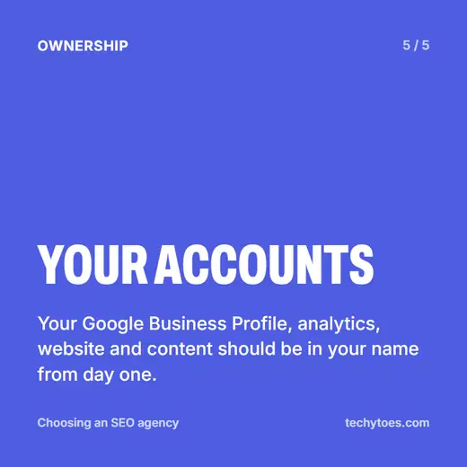 Flashcard 5 of 5, your accounts: your Google Business Profile, analytics, website and content should be in your name from day one.