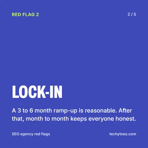 Flashcard 2 of 5, lock-in: a 3 to 6 month ramp-up is reasonable. After that, month to month keeps everyone honest.