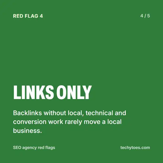 Flashcard 4 of 5, links only: backlinks without local, technical and conversion work rarely move a local business.