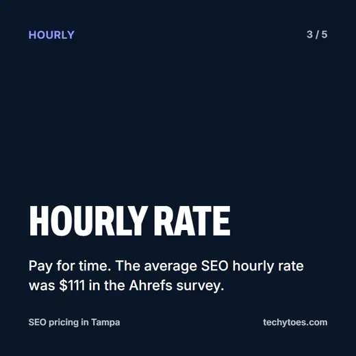 Flashcard 3 of 5, hourly rate: pay for time. The average SEO hourly rate was $111 in the Ahrefs survey.