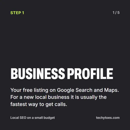 Flashcard 1 of 5, Business Profile: your free listing on Google Search and Maps, usually the fastest way for a new local business to get calls.