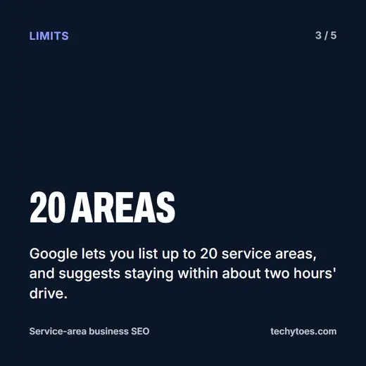 Flashcard 3 of 5, 20 areas: Google lets you list up to 20 service areas, and suggests staying within about two hours' drive.