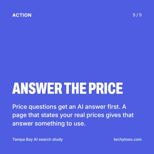 Card 5 of 5, answer the price: price questions get an AI answer first, and a page that states your real prices gives that answer something to use.